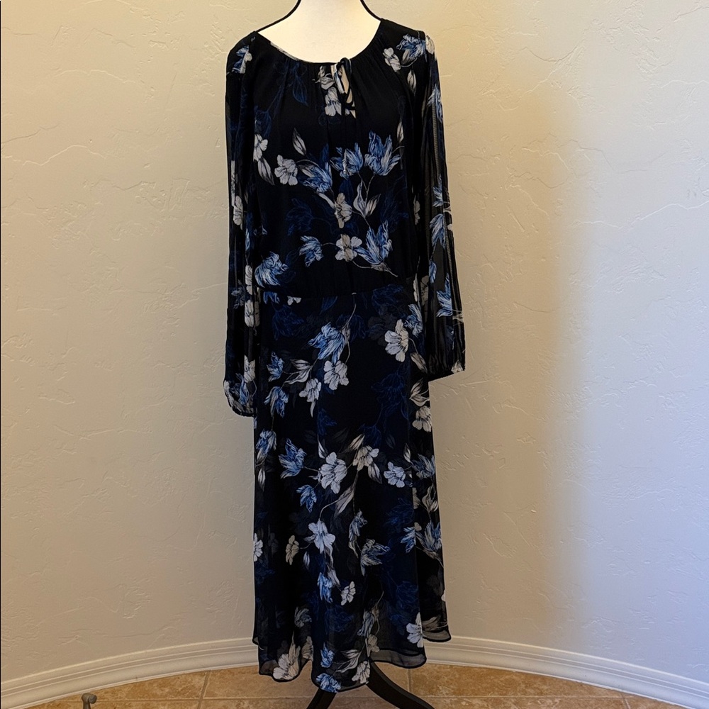 White House BM Black Floral Long-Sleeve Maxi Dress with Blue & White Print
